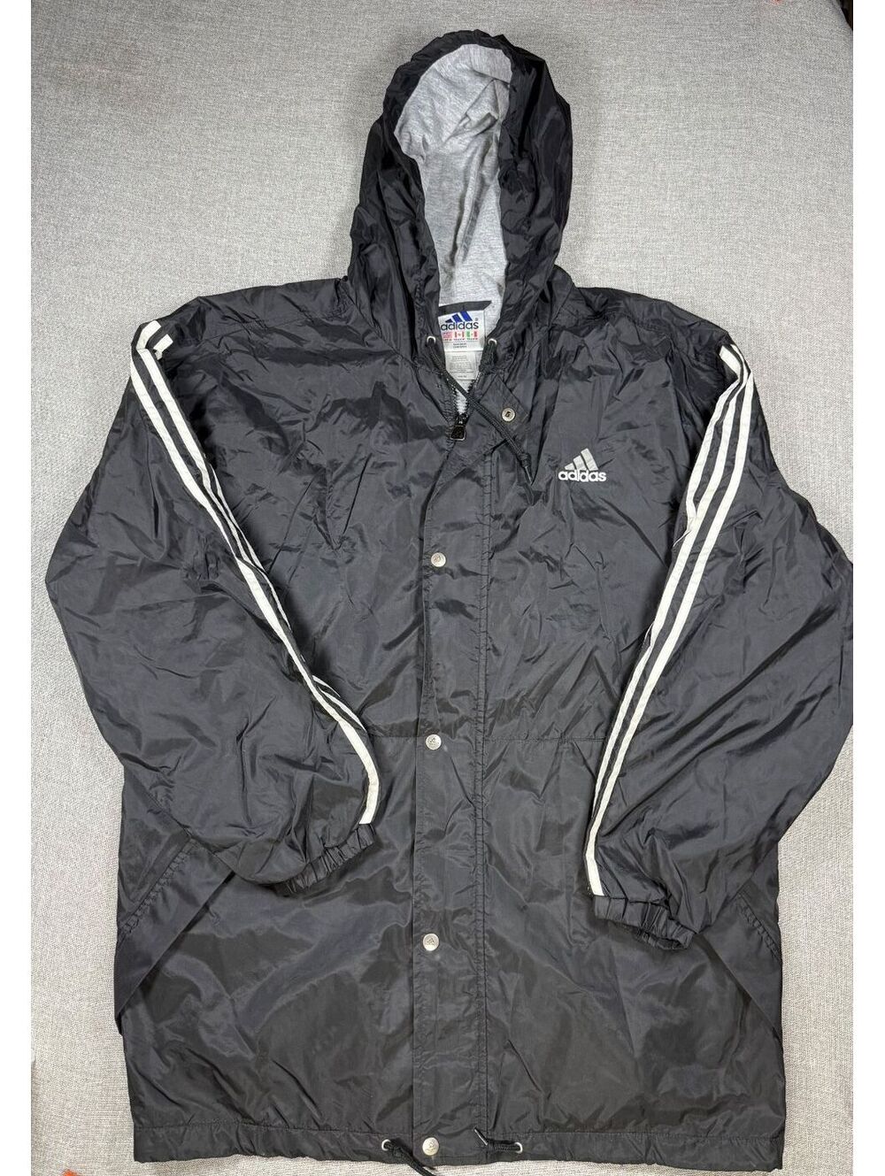Adidas Black Hooded Windbreaker Jacket with White Stripes Size M